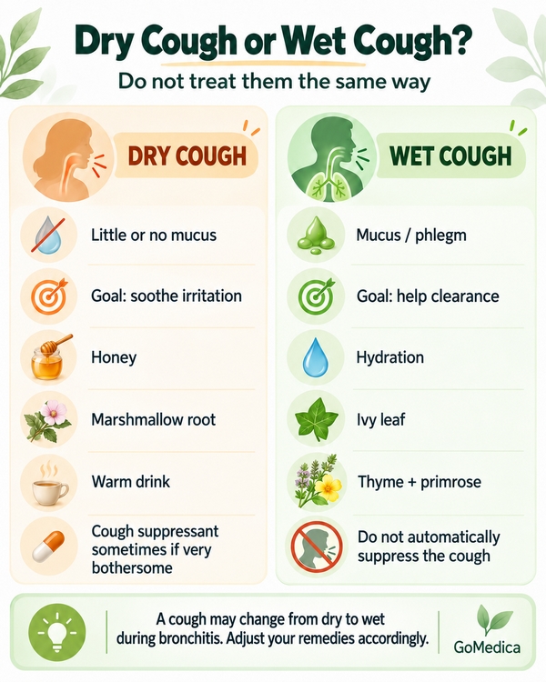 GoMedica infographic comparing dry cough and wet cough symptoms, goals, and natural remedies for bronchitis