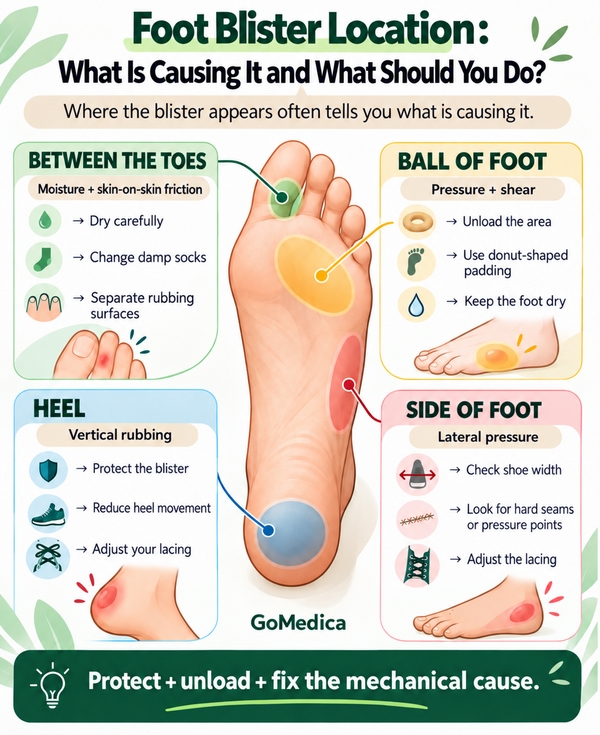 Foot blister infographic showing common locations: heel, side of foot, ball of foot, and between the toes